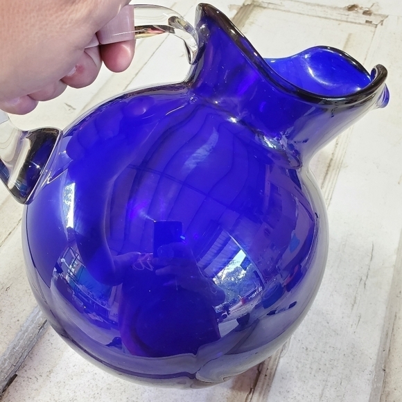 Vintage Cambridge Glass USA Cobalt Blue Handblown Large Ball Jug pitcher - Picture 7 of 14